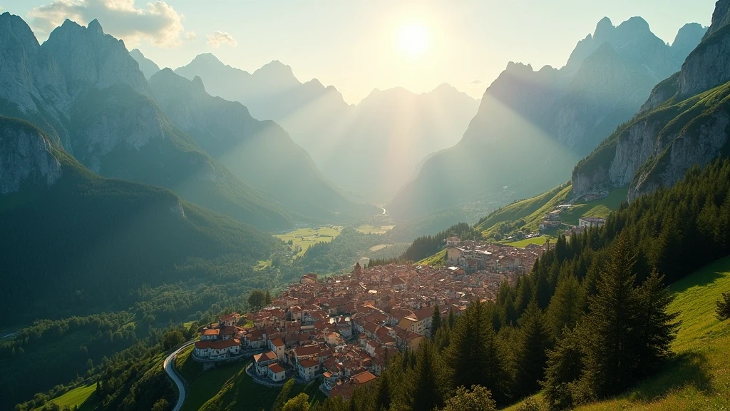 Luftaufnahme von San Michele in den Dolomiten zur goldenen Stunde mit historischen Haeusern und Bergen