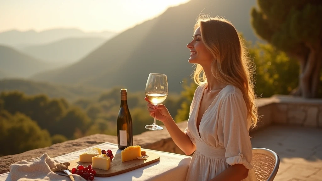 Elegante Frau geniesst lokalen Kaese und Wein auf Terrasse in San Michele mit Bergblick