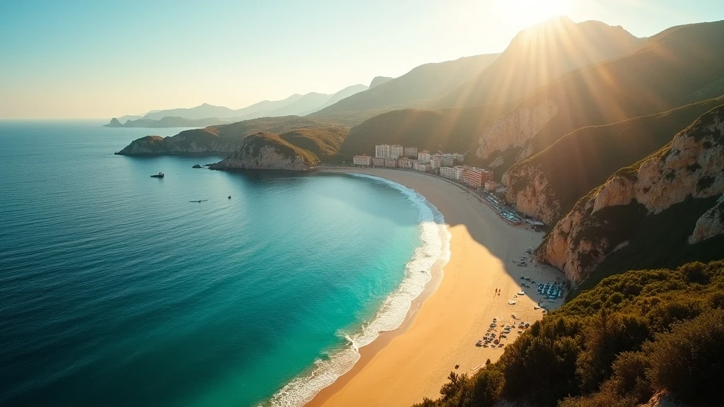Luftaufnahme der Bucht La Concha in San Sebastián zur goldenen Stunde mit Monte Urgull und Monte Igueldo