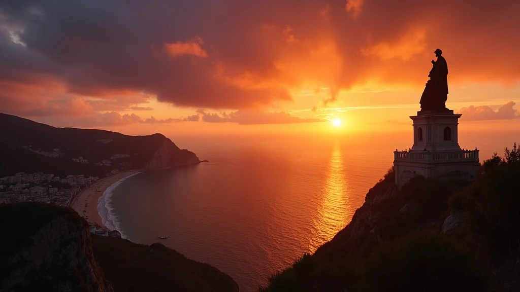 Sonnenuntergang über Monte Urgull in San Sebastián mit der Christus-Statue vor dramatischem Himmel
