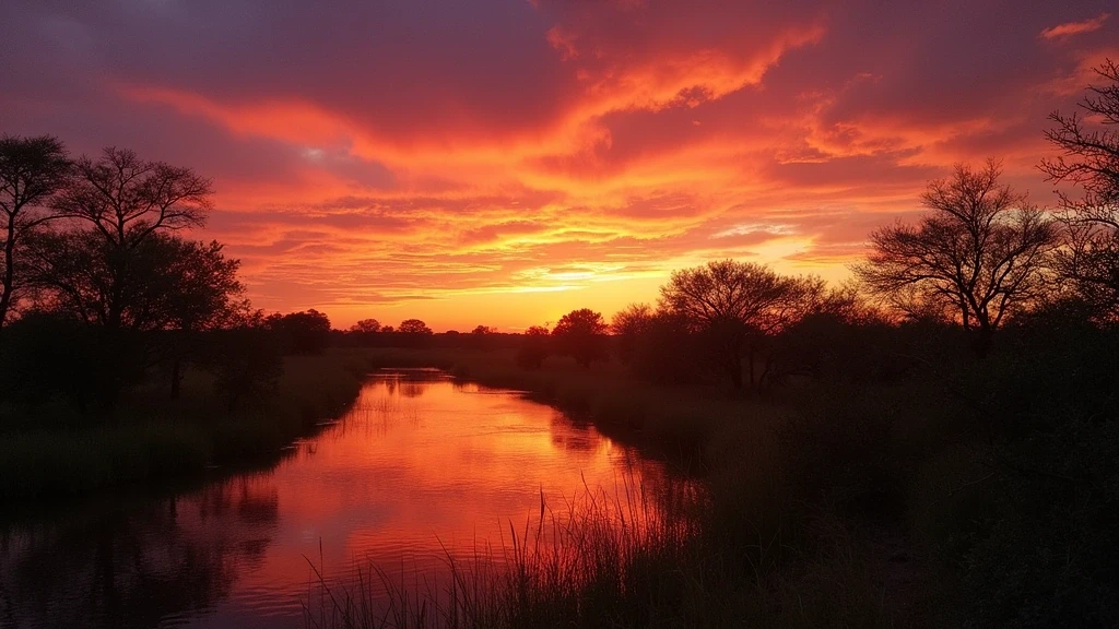 Sonnenuntergang ueber den Ueberschwemmungsgebieten des Okavango-Deltas in Botswana mit dramatischem Himmel