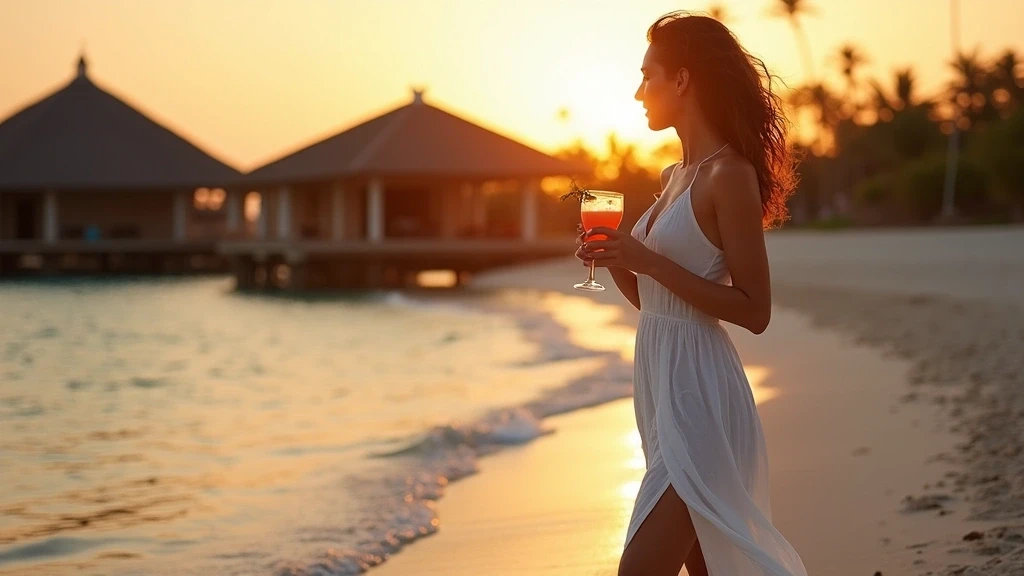 Elegante Frau in weissem Kleid geniesst Sonnenuntergang-Cocktails am Privatstrand in Sansibar