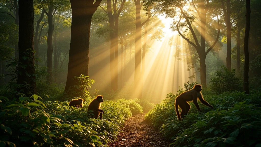 Jozani-Wald in Sansibar mit Sonnenstrahlen und roten Stummelaffen im tropischen Regenwald