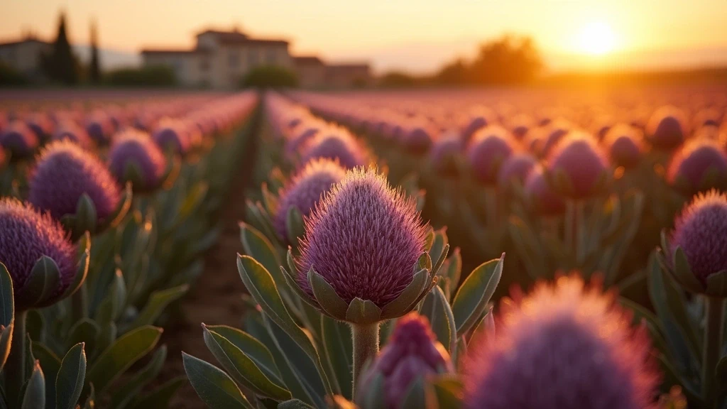 Goldene Stunde auf den Artischockenfeldern von Sant'Erasmo mit violetten Blüten und warmem Licht