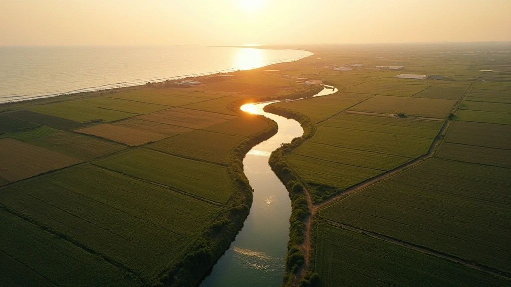 Luftaufnahme der landwirtschaftlichen Felder und Kanäle von Sant'Erasmo in der Lagune von Venedig zur goldenen Stunde