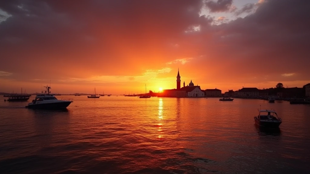 Sonnenuntergang über der Lagune von Venedig von Sant'Erasmo aus mit Bootssilhouetten und farbenfrohem Himmel