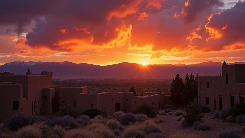 Sonnenuntergang ueber den Sangre de Cristo Bergen in Santa Fe mit Adobe-Gebaeuden