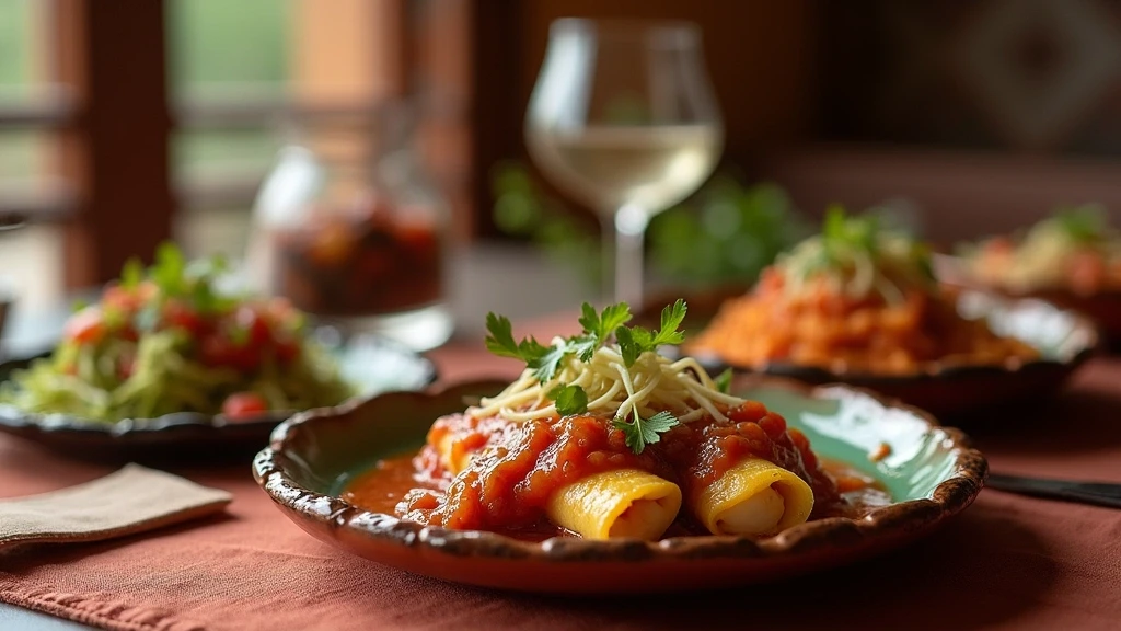 Traditionelle New Mexican Kueche auf handgefertigter Keramik in Santa Fe Restaurant