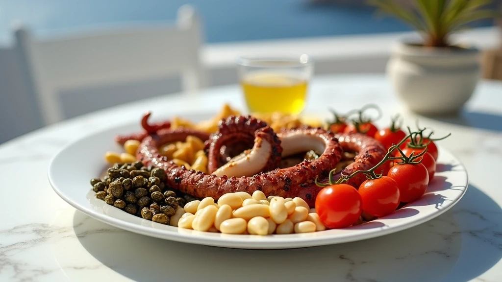 Traditionelle griechische Meze-Platte mit frischen Zutaten auf Terrasse in Santorini