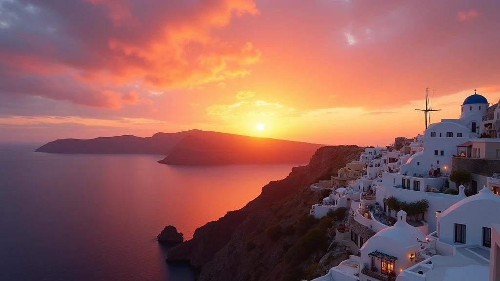 Dramatischer Sonnenuntergang über der Caldera von Santorini mit Spiegelung im Meer
