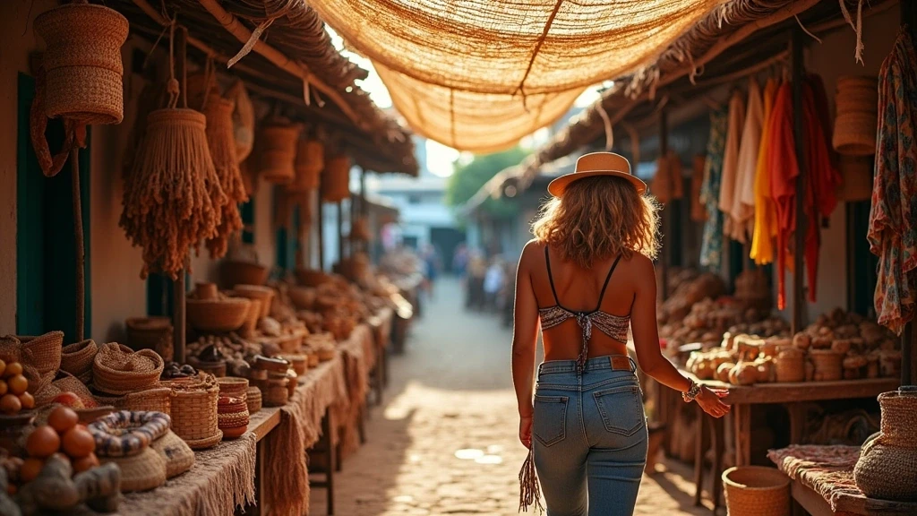 Stylish Reisende erkundet den indigenen Markt von São Gabriel da Cachoeira mit Handwerkskunst