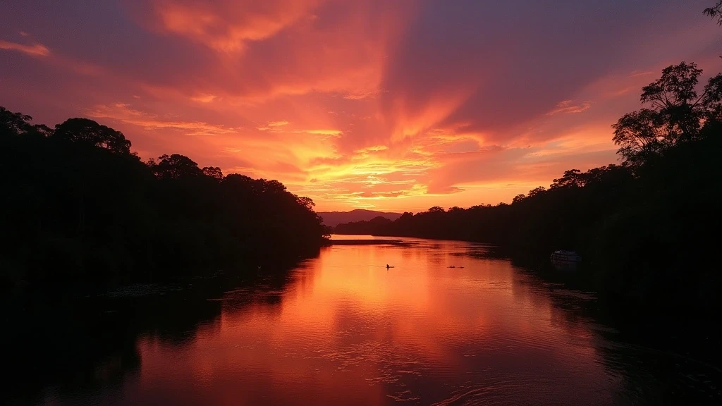 Sonnenuntergang ueber dem Rio Negro in São Gabriel da Cachoeira mit dramatischem Himmel