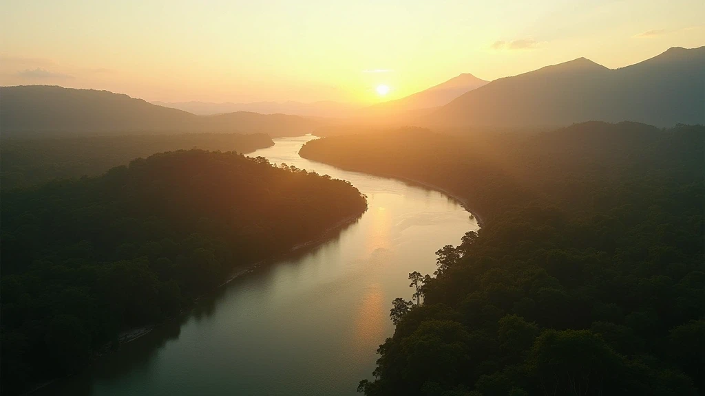 Luftaufnahme der Flusskonfluenz Rio Negro und Rio Branco in São Gabriel da Cachoeira zur goldenen Stunde