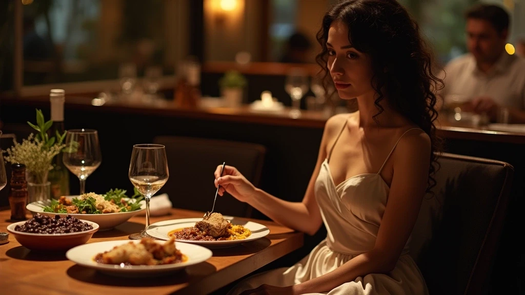 Elegante Frau geniesst Feijoada in einem Restaurant in São Paulo