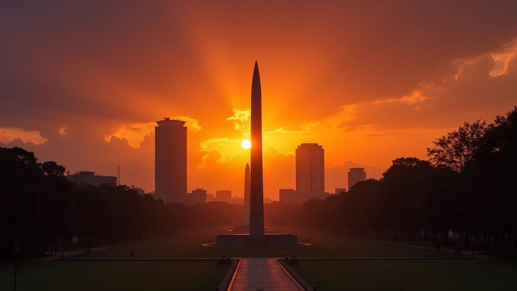 Sonnenuntergang über dem Ibirapuera Park in São Paulo mit Obelisk