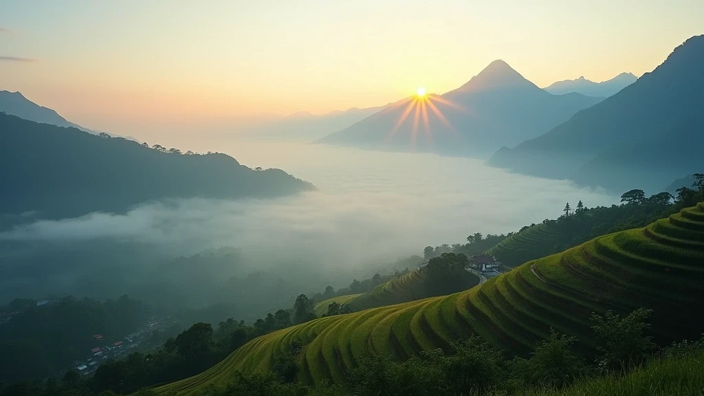 Panoramablick auf den Fansipan Berg in Sapa bei Sonnenaufgang