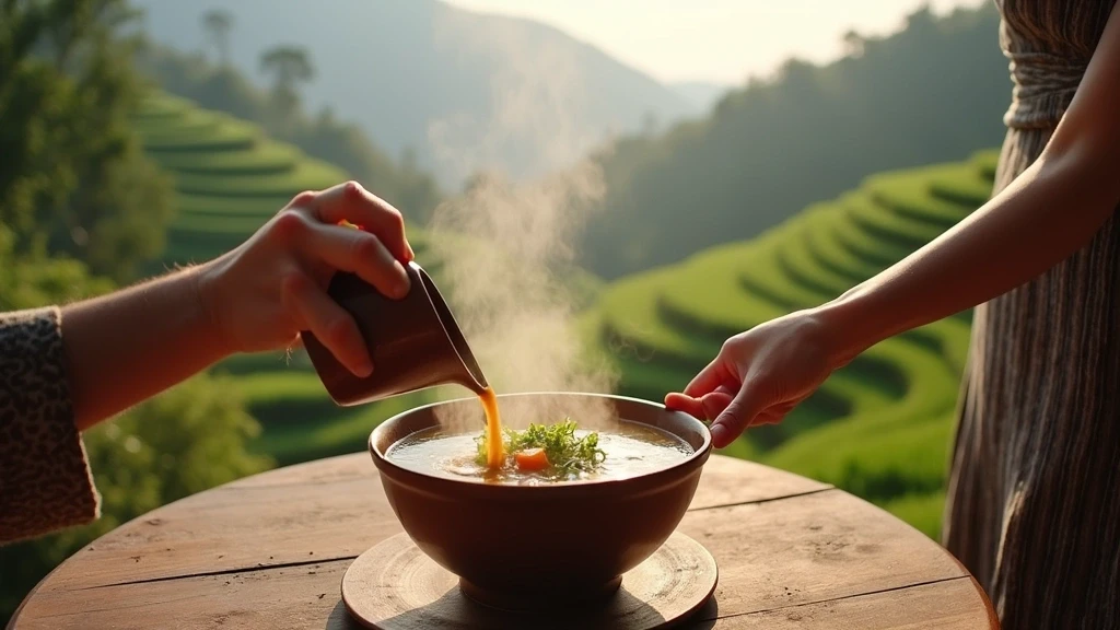 Traditionelle Pho-Suppe in Sapa mit Blick auf Reisterrassen
