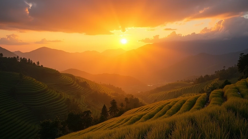 Sonnenuntergang ueber den terrassierten Reisfeldern in Sapa, Vietnam