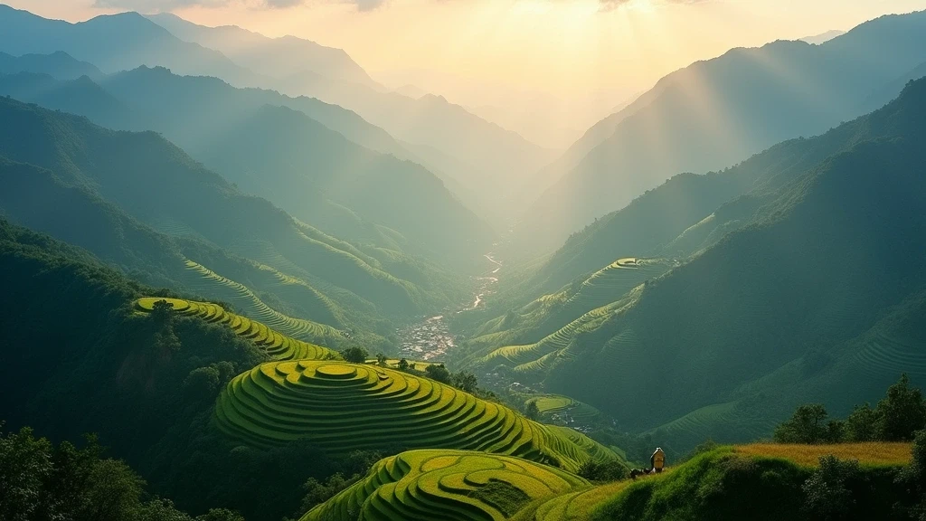 Luftaufnahme der terrassierten Reisfelder in Sapa, Vietnam zur goldenen Stunde
