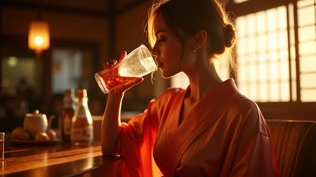 Elegante Frau in Kimono probiert Hokkaido-Sake in traditionellem Izakaya in Sapporo