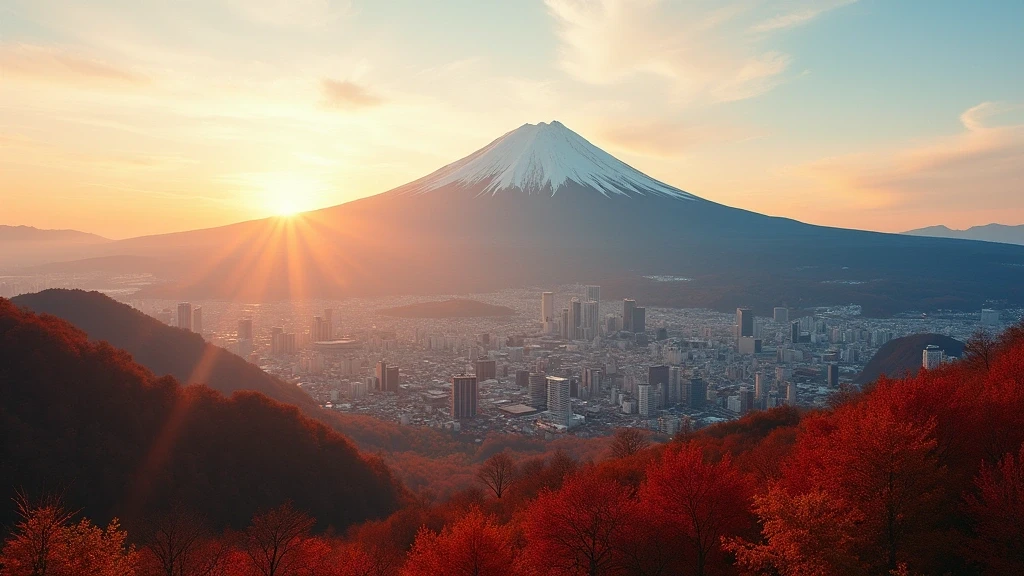 Luftaufnahme von Sapporo mit Blick auf den Mount Moiwa und herbstliche Laubfaerbung zur goldenen Stunde