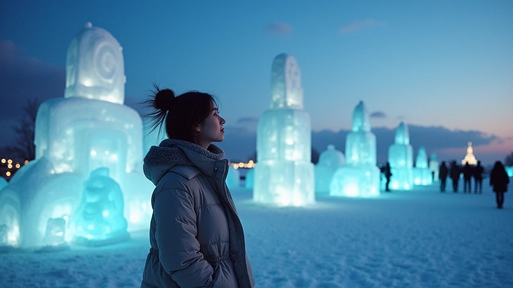 Stylisher Reisender bewundert Schneeskulpturen beim Sapporo Snow Festival in der Daemmerung