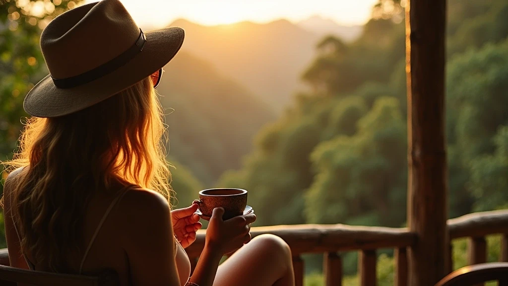 Stylish Reisender geniesst Gourmet-Kaffee auf einer Luxus-Eco-Lodge-Veranda in Sarapiquí