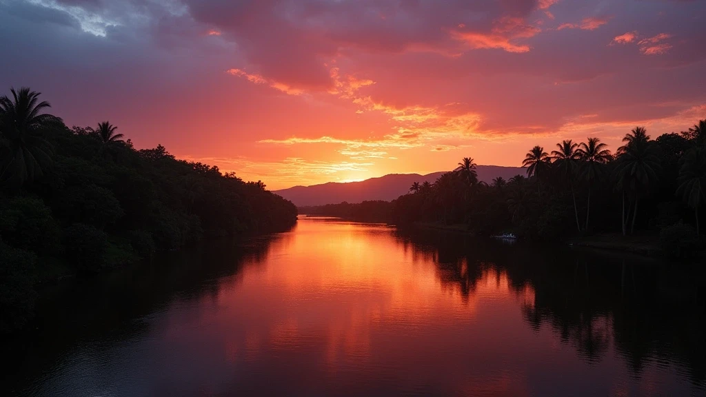 Sonnenuntergang ueber dem Sarapiquí-Fluss in Costa Rica mit Regenwald-Silhouetten