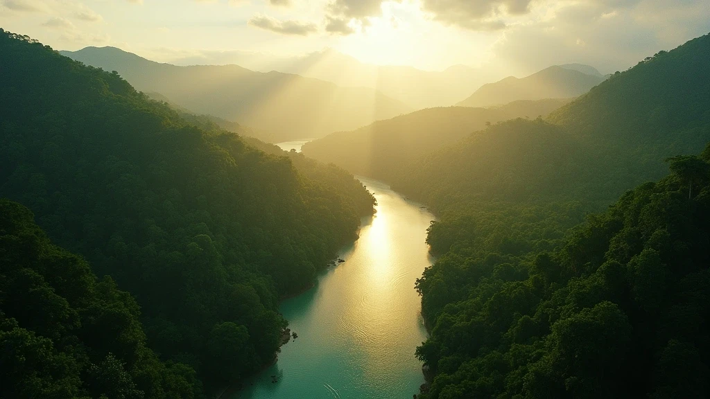 Luftaufnahme des tropischen Regenwalds und des Sarapiquí-Flusses in Costa Rica zur goldenen Stunde