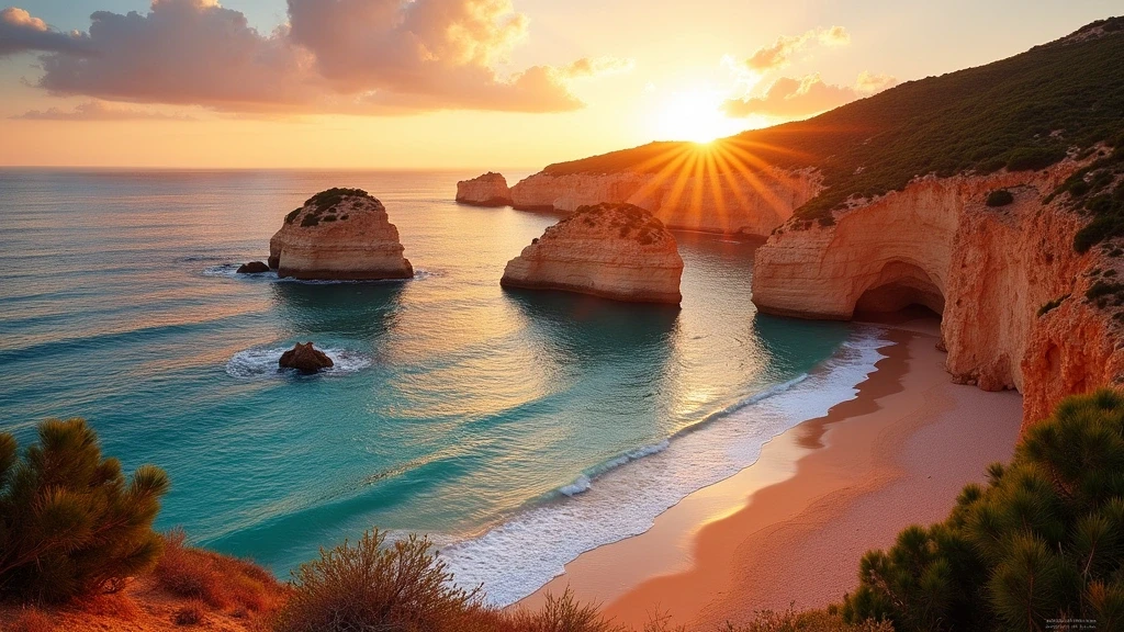 Sonnenuntergang ueber den rosafarbenen Granitklippen von Cala Luna in Sardinien, Italien