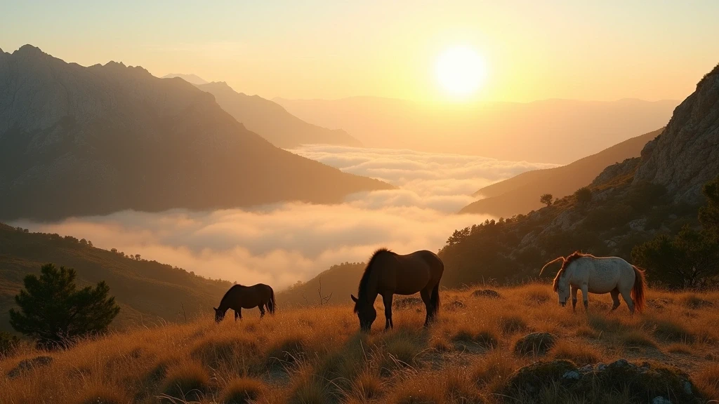 Panoramablick auf das Gennargentu-Gebirge in Sardinien bei Sonnenaufgang mit Wildpferden
