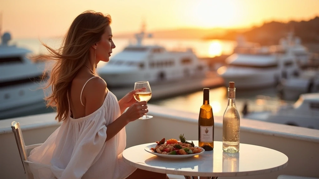 Elegante Frau geniesst Aperitivo bei Sonnenuntergang in Porto Cervo, Sardinien