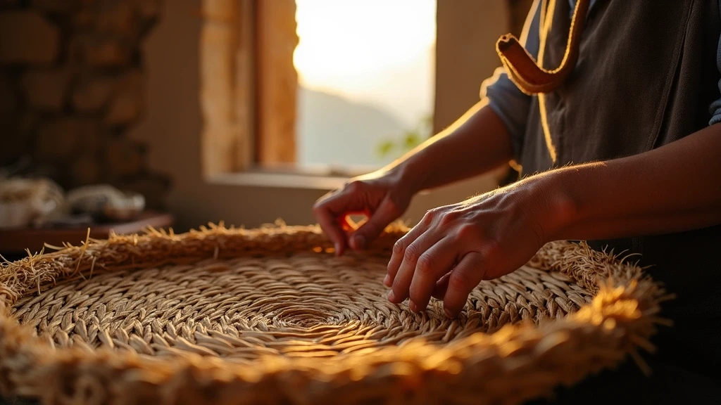 Handwerker flechtet traditionellen sardischen Korb aus Asphodel-Fasern in Bergdorf