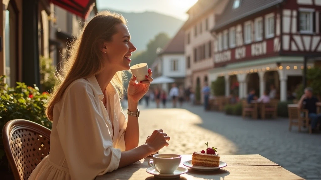 Elegante Frau geniesst Schwarzwalder Kirschtorte in Schiltach am Marktplatz zur goldenen Stunde