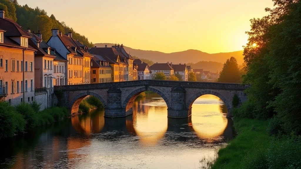 Goldene Stunde an der Kinzig in Schiltach mit historischen Bruecken und Fachwerkhaeusern