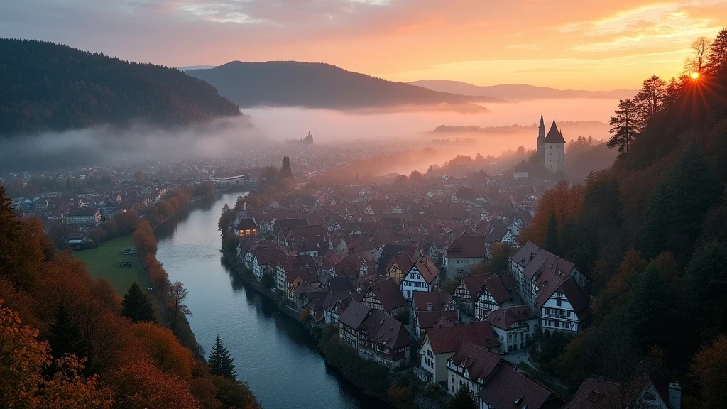 Panoramablick auf Schiltach im Schwarzwald bei Sonnenuntergang mit Fachwerkarchitektur