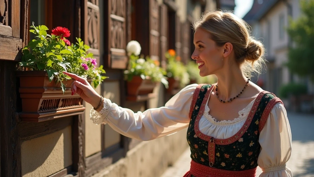 Lokale Fuehrerin in Tracht erklaert historische Fachwerkarchitektur in Schiltach