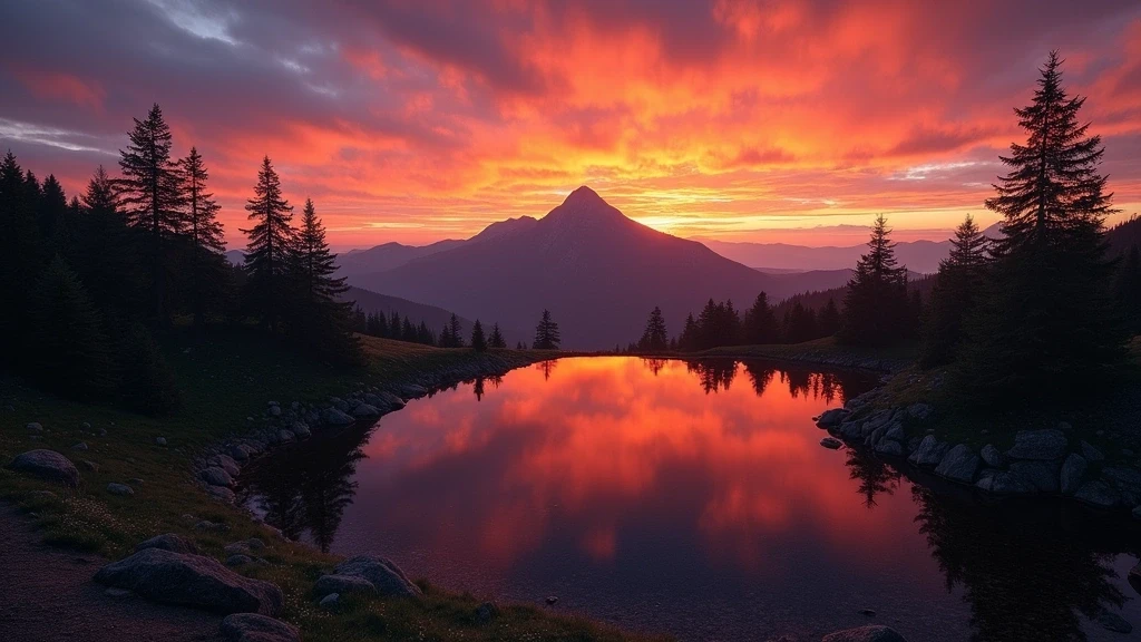 Sonnenuntergang über dem Feldberg im Schwarzwald mit alpinen Seen und Kiefern