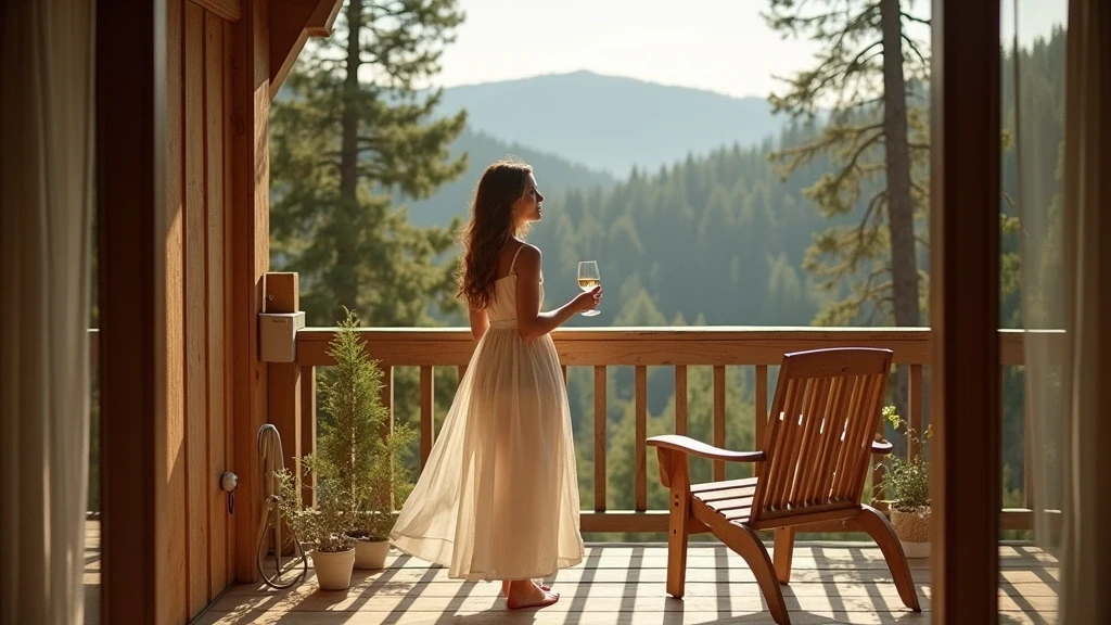 Elegante Frau genießt Schwarzwälder Kirschtorte auf Terrasse mit Waldblick im Schwarzwald