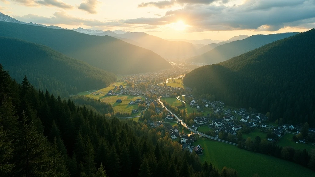 Luftaufnahme des Schwarzwalds mit dichten Wäldern und Fachwerkdörfern zur goldenen Stunde