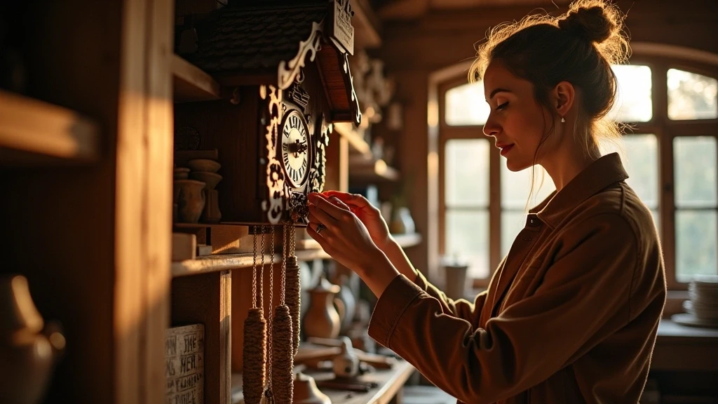 Reisende betrachtet Kuckucksuhr-Handwerk in traditioneller Werkstatt im Schwarzwald