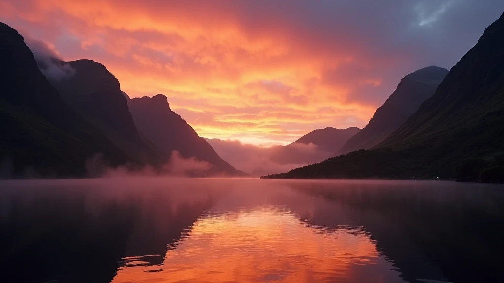 Sonnenuntergang ueber dem Glencoe-Tal in den schottischen Highlands mit spiegelndem See