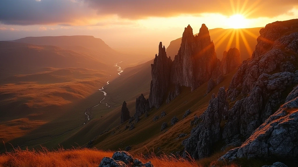 Goldene Stunde an den Quiraing-Felsformationen auf der Isle of Skye in Schottland