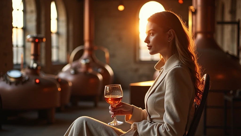 Elegante Frau geniesst Whisky-Verkostung in historischer Brennerei in Schottland