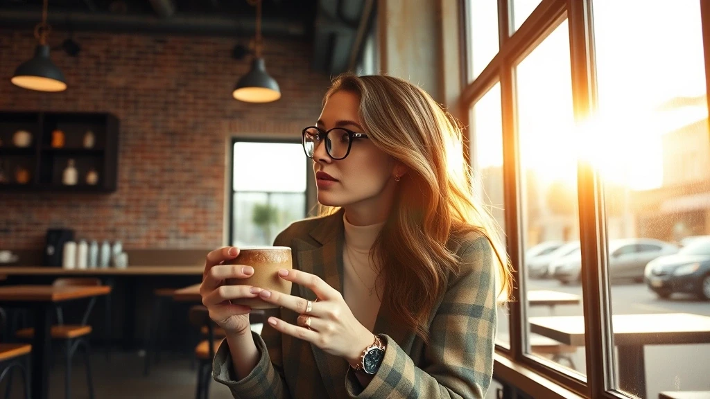 Stylische Reisende geniesst Kaffee in einem Cafe in Seattles Capitol Hill Viertel