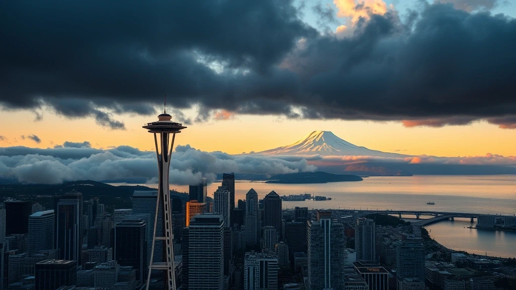 Luftaufnahme von Seattle mit Space Needle, Mount Rainier und Puget Sound zur goldenen Stunde