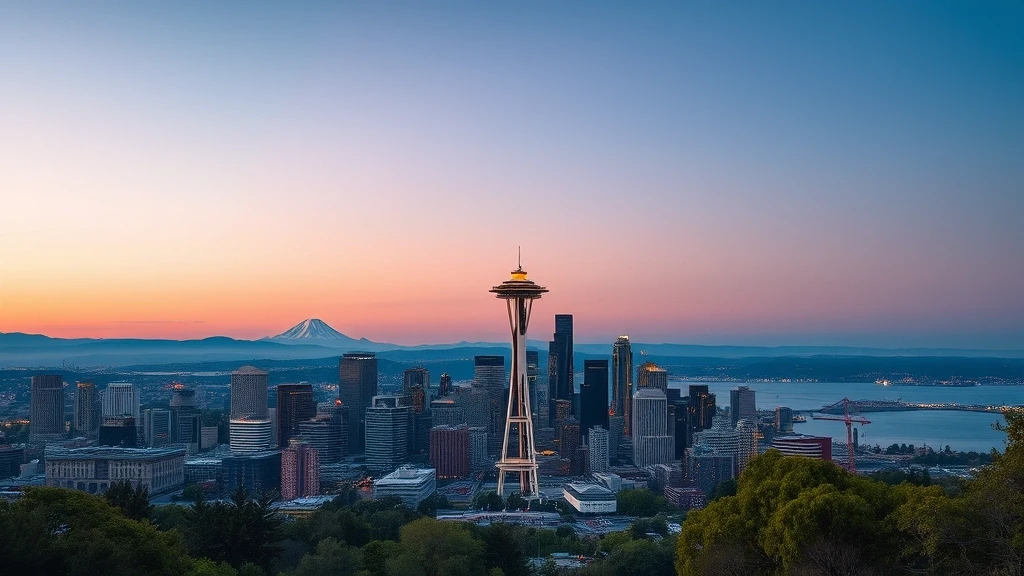 Panoramablick auf Seattle Skyline mit Space Needle und Mount Rainier von Kerry Park
