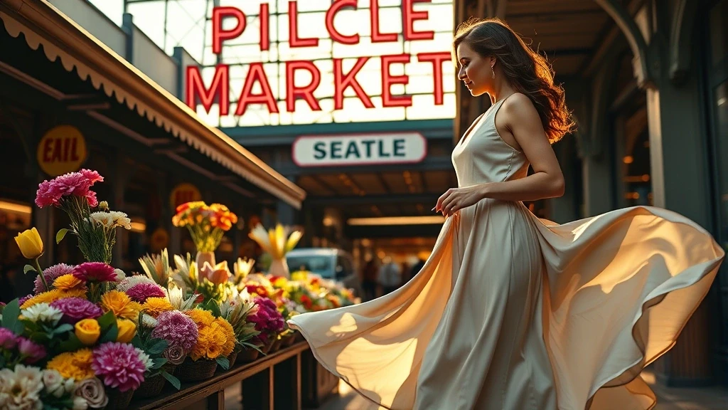 Elegante Frau kauft Blumen auf dem Pike Place Market in Seattle zur goldenen Stunde