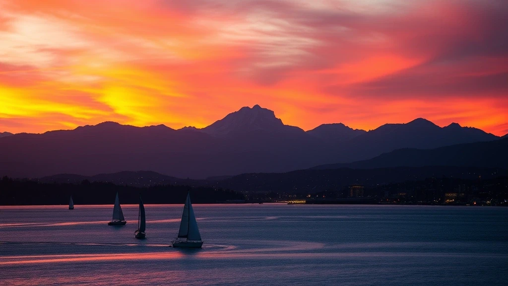 Sonnenuntergang ueber dem Puget Sound mit Olympic Mountains in Seattle