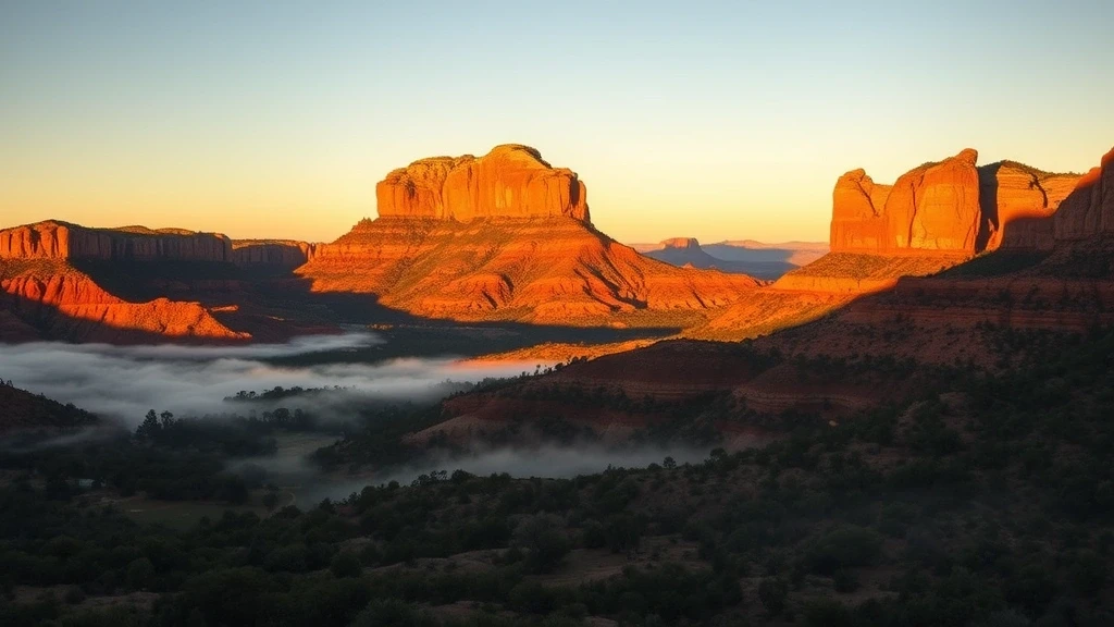 Sonnenaufgang ueber Bell Rock in Sedona, rote Felsen im Morgenlicht, USA
